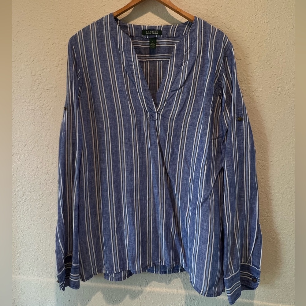 RALPH LAUREN women’s striped linen roll sleeve tunic top | LARGE